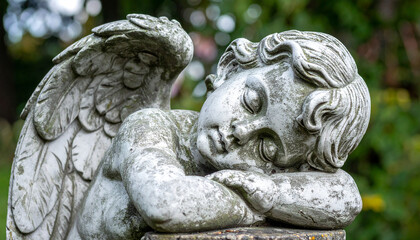 Gray stone sculpture of sleeping guardian angel. Antique statue with closed eyes. Religion concept