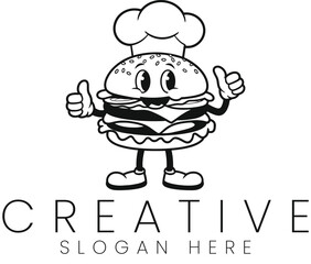 Happy Chef Burger Mascot Design Thumbs Up Black White bun food menu cute logo icon fast   