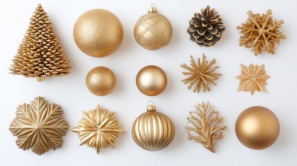 Gold Christmas ornaments and decorations on white background.