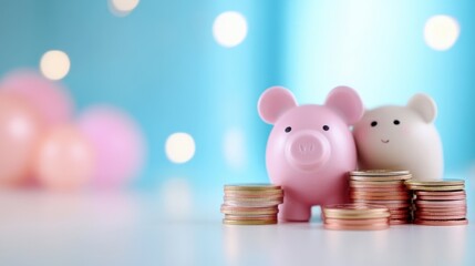 Two cute piggy banks stand beside stacks of coins, symbolizing savings and financial planning against a soft, colorful background.