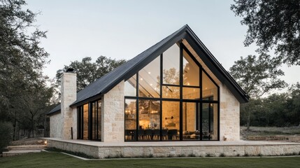 Obraz premium Modern stone house, large windows, evening light, rural setting, architectural design