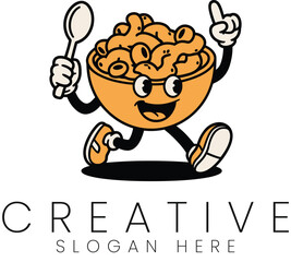 Happy Macaroni Bowl Cartoon Character Running with Spoon Fun Food Cute Logo Icon Fast Meal