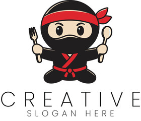 Cute Ninja Chef Cartoon Character Food Logo Design red menu cook icon fork flat spoon     