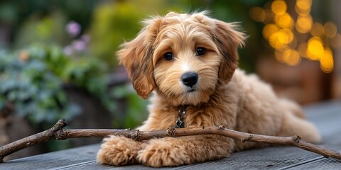 Golden pup with branch posing sweetly