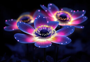 Vibrant closeup of glowing flowers in dark, showcasing neon colors and intricate details