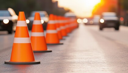 A row of orange traffic cones marks a section of the road at sunset, with blurred cars in the background, indicating a construction or roadwork zone.
