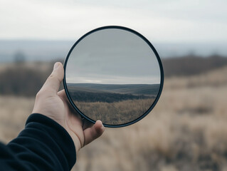 person holding mirror reflecting a different landscape