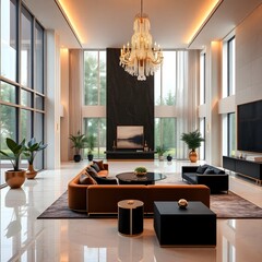 Contemporary luxury room with velvet sofa and designer furnishings

