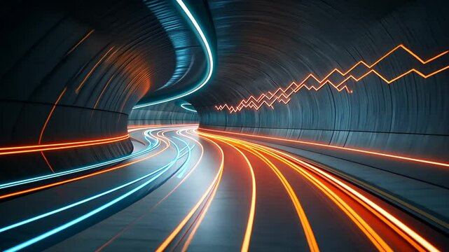 Futuristic tunnel with vibrant neon lines and data visualizations.  Dynamic movement and technological advancement implied