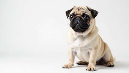 Obraz premium Playful pug poses against pure white backdrop, sitting, breed, canine