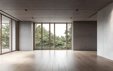 Fototapeta premium Empty room with three large windows and a wooden floor, grey walls, a 3D rendering illustration of an interior design concept, no furniture.