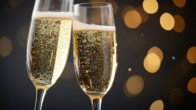 Champagne flutes clinking, elegant celebration setting, golden bubbles sparkling, ambiance of joy and festive spirit.
