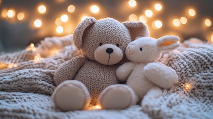 Two cuddly stuffed animals, a bear and a bunny, sit together on a cozy knitted blanket, illuminated by warm fairy lights.