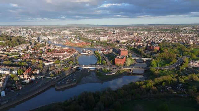 Brunel Way and Plimsoll Swing Bridge traffic with Cumberland Basin and Hotwells in Bristol, UK