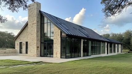 Obraz premium Modern stone house, hill country view, Texas