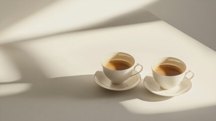 two hot coffees in porcelain cups, on an isolated white table. generative ai