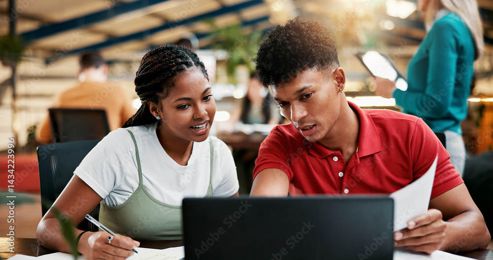 Poster students, laptop and team learning in college for writing notes, help and education. computer, peopl