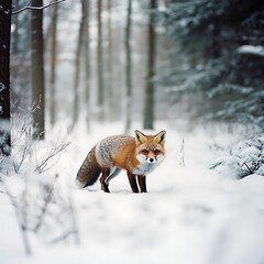 Fototapeta premium Winter fox amidst a snowy forest.