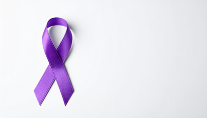 Purple awareness ribbon on white backdrop. Symbol of pancreatic cancer and epilepsy.