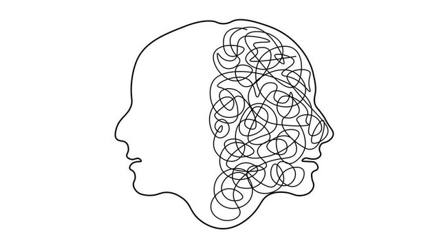 Continuous Line Drawing of Two Heads. One drawn with a simple, clean line, symbolizing clarity, and calmness. Other head with complex, tangled lines, representing chaos, stress, or mental disorder.