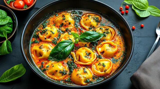 A delicious close-up of tortellini in a rich broth, garnished with fresh basil leaves for a comforting meal.