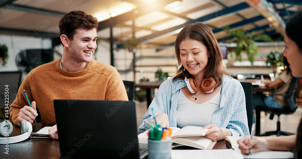 Aufkleber education, students and group with laptop, studying and discussion for assignment, smile and classro