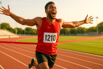 Fototapeta premium Male athlete winning the race crossing the finish line in a stadium