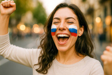 Enthusiastic sports fan celebrating Russia with face paint and raised fists