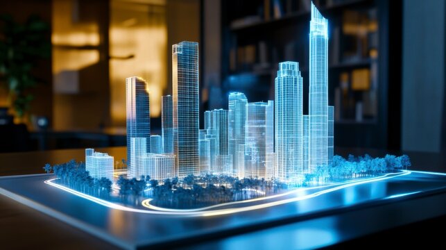 Holographic city model on table, showcasing futuristic urban planning and design. - Powered by Adobe