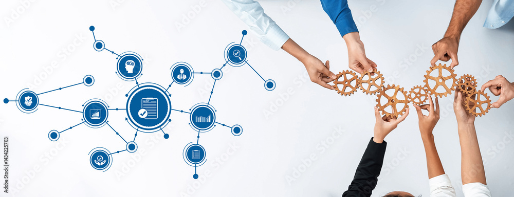 Aufkleber A diverse group of hands collaborating to connect wooden gears, symbolizing teamwork in business and technology, emphasizing communication and innovation in the modern workplace. Amity