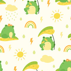 Fototapeta premium childish pattern with rainbow, frog and sun vector illustrator, kids seamless pattern, cute, textile, fabric, cloud, rainbow, green yellow, orange
