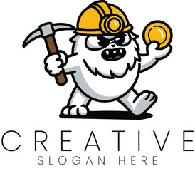 Cute Yeti Miner Cartoon Mascot Gold Pickaxe Work Snow Logo Icon Team Rich Funny Happy     
