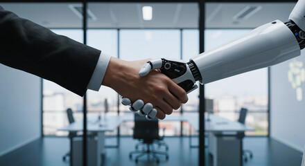 Human and AI Robot Shaking Hands in Corporate Office  