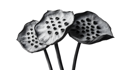 Black and white botanical, dried lotus seed pods