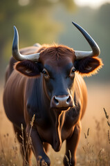Powerful Brown Bull Strides Forward