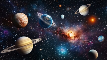 Vibrant depiction of the solar system, showcasing planets, rings, nebula, and stars in a cosmic expanse.