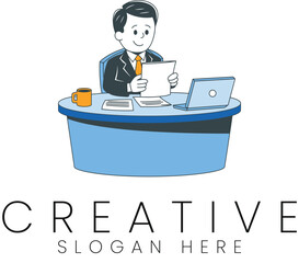 Businessman Working Desk Laptop Documents Office Creative job blue flat white clean style 