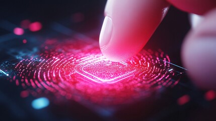 Futuristic digital interaction, close-up of a finger touching a glowing holographic interface, vibrant colors, tech theme, engaging visuals