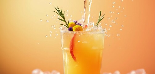 Refreshing peach lemonade pouring over crushed ice with dynamic splash