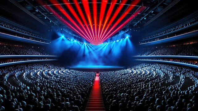 A vibrant light show with red and blue beams illuminates a packed audience at a large entertainment venue.