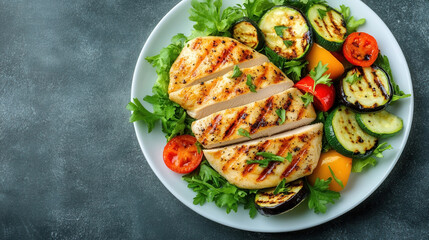 Grilled chicken breast with colorful vegetables on a white plate for a healthy meal
