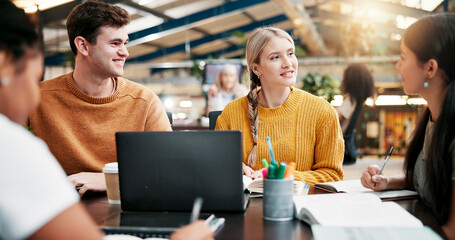 Students, college and discussion for learning in library, education or brainstorming on laptop. Computer, happy people or group in university for research project on textbook, study or writing notes