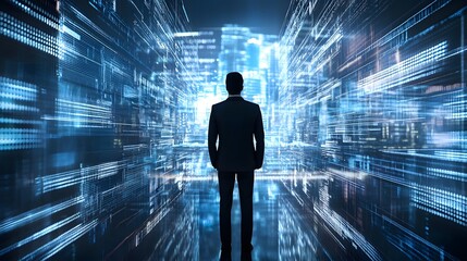 Digital Horizon: A silhouette of a businessman standing confidently in the center of a digital landscape, symbolizing innovation, technology, and a futuristic vision.