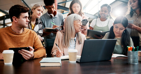 Education, students and lecturer with laptop, discussion and info for assignment in classroom and...