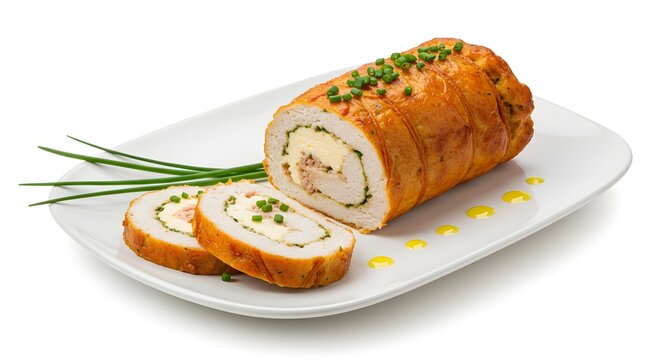 Deliciously roasted chicken roulade, elegantly sliced and served on a white plate with chives.