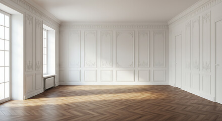 Fototapeta premium Elegant Empty Room with Ornate White Paneling and Herringbone Wood Flooring