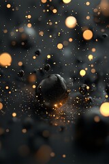 Dark spheres, golden lights, abstract