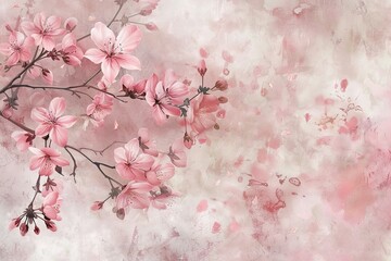 Elegant pink blossoms on branches painted with soft hues against a textured backdrop