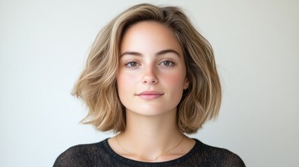 Fototapeta premium A young woman with short blonde hair posing for a portrait, neutral background with soft lighting, professional and natural look, and close-up composition.