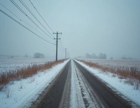 Snowy road leading into foggy rural landscape. Power lines border either side creating serene winter scene. Fields covered with snow, horizon disappears in fog. Solitude, journey.